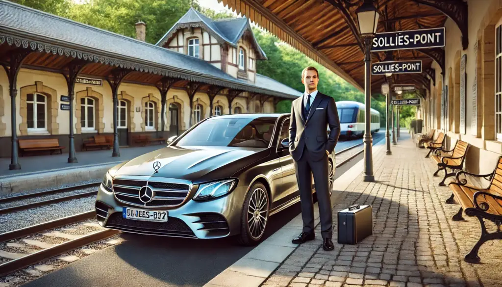 Here’s a stylish private driver beside a gleaming Mercedes E-Class at the charming Solliès-Pont train station. Let the journey begin!