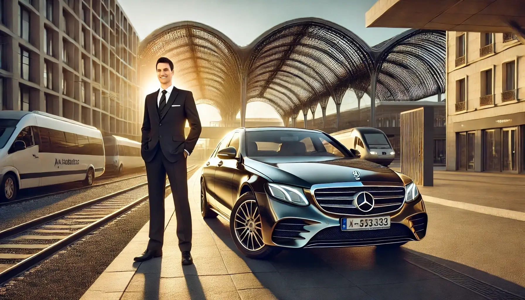 Here’s a vivid scene of a private chauffeur with a Mercedes E-Class, standing proudly in front of the Avignon TGV train station, radiating professionalism and elegance.