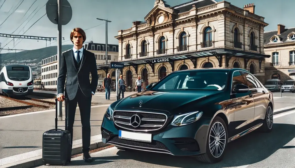 Here’s your stylish private driver with a sleek Mercedes E-Class, ready to take you on a journey from La Garde train station. Imagine the adventures ahead