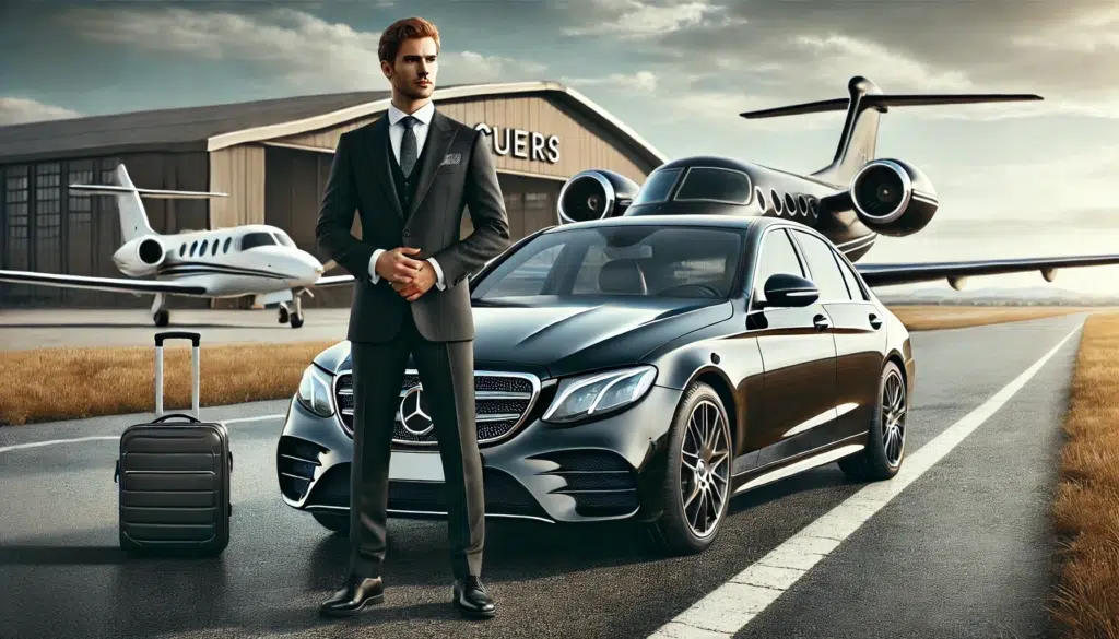 In front of the Cuers aerodrome, a private chauffeur in a sharp black suit stands beside a Mercedes E-Class, with airplanes visible in the background