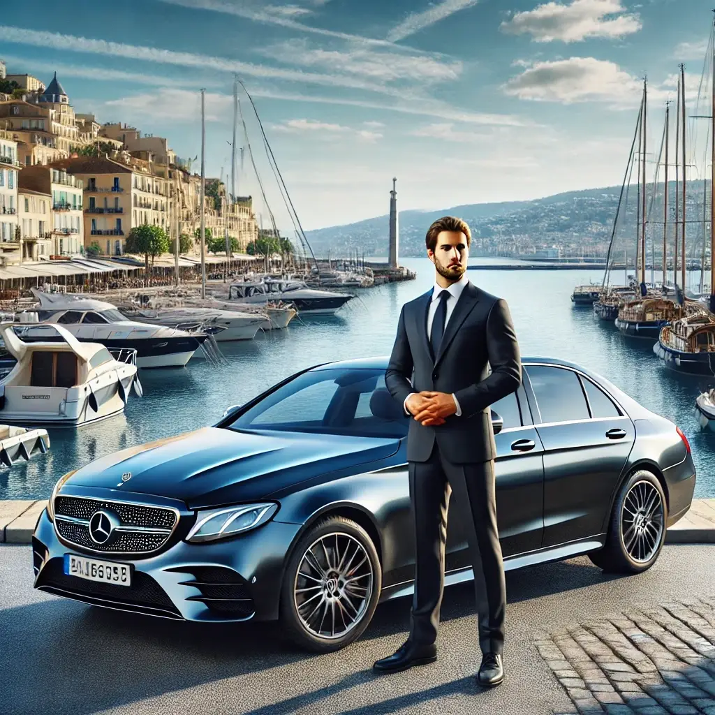 In the dreamscape of La Tour Fondue, a private driver with a Mercedes E-Class stands poised by the shimmering port, boats gently swaying under a radiant azure sky.