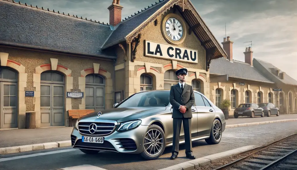 The private chauffeur stands elegantly beside the sleek Mercedes E-Class, perfectly positioned in front of the charming La Crau train station.