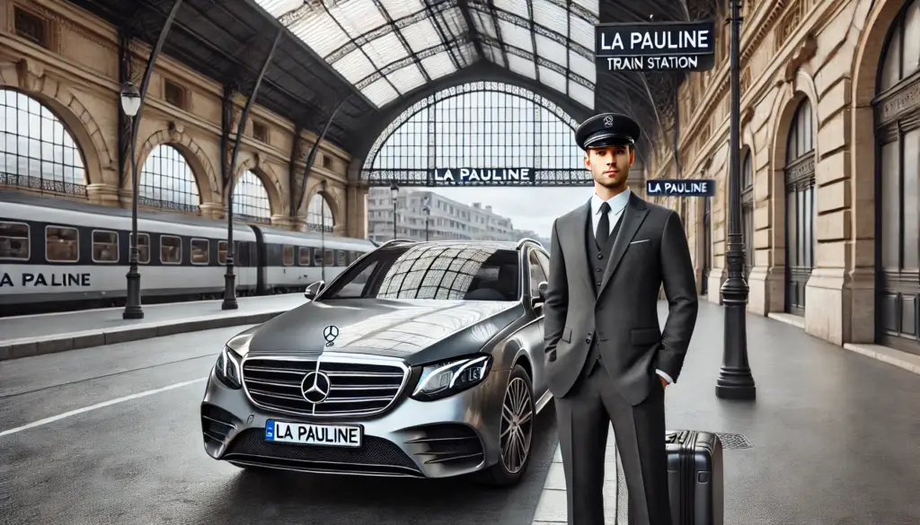 The private driver stands poised next to the stylish Mercedes E-Class, ready to greet passengers at the la Pauline train station, capturing a perfect blend of elegance and readiness