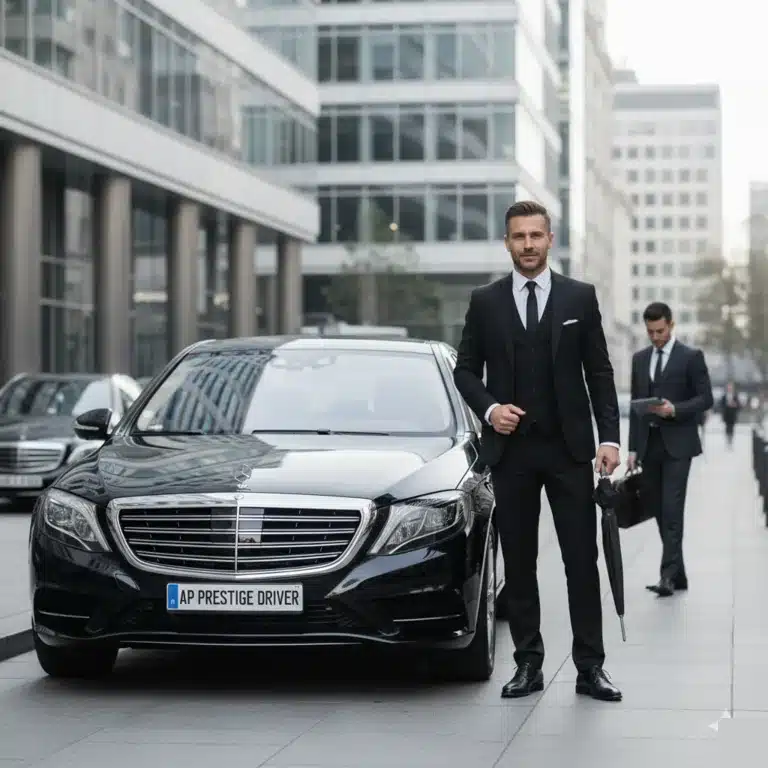 Chauffeur privé pour entreprise dans le Var devant une Mercedes noire AP Prestige Driver