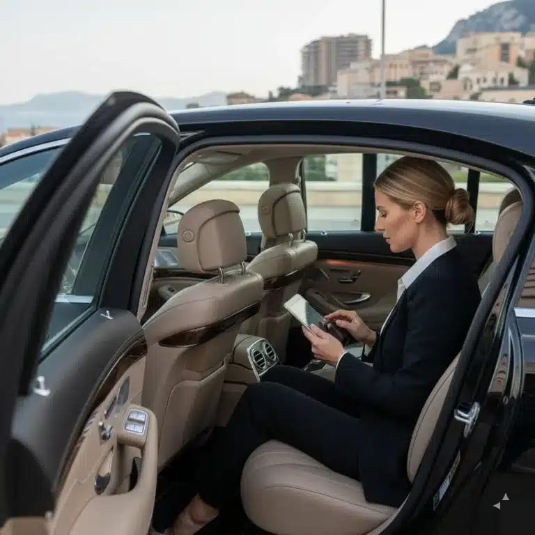 Professionnelle travaillant sur tablette à bord d'une Mercedes lors d'un déplacement VTC dans le Var 83
