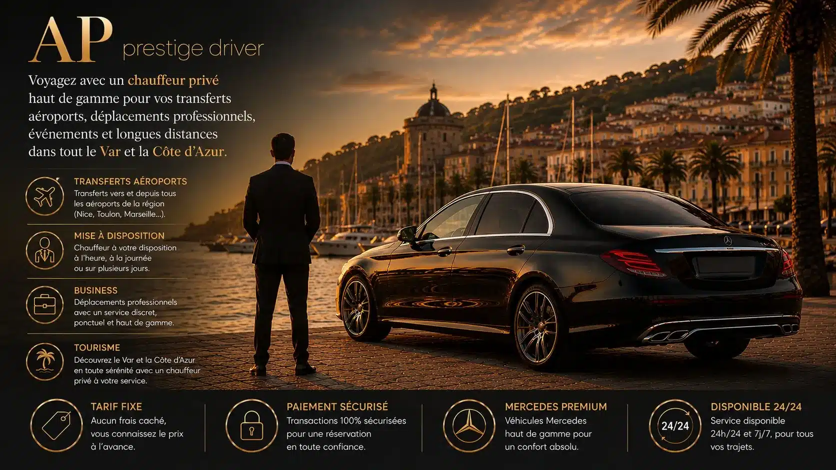 Service chauffeur privé VTC dans le Var — transferts aéroports, déplacements professionnels et tourisme, AP Prestige Driver