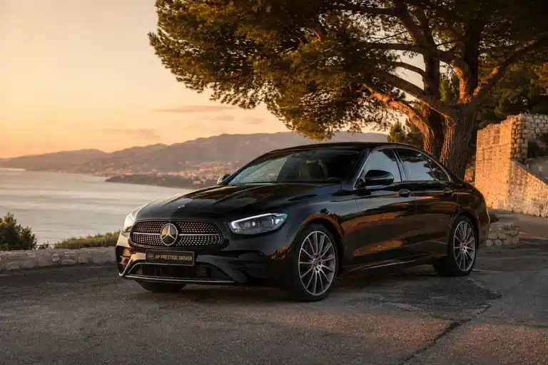 Mercedes Classe E noire AP Prestige Driver vue sur la Méditerranée — taxi aéroport Toulon-Hyères