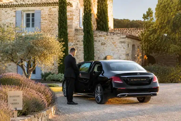 Mercedes AP Prestige Driver devant une bastide provençale — taxi aéroport Toulon-Hyères pour mariages dans le Var