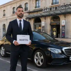 Chauffeur privé AP Prestige Driver avec pancarte nominative devant la Gare de Toulon (Var) et sa Mercedes noire