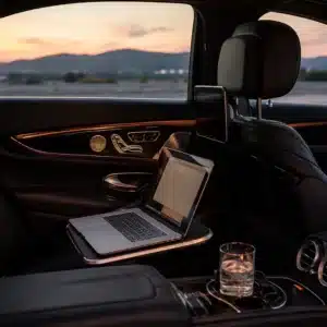 Intérieur Mercedes pour trajet longue distance VTC dans le Var — laptop et eau à bord, AP Prestige Driver