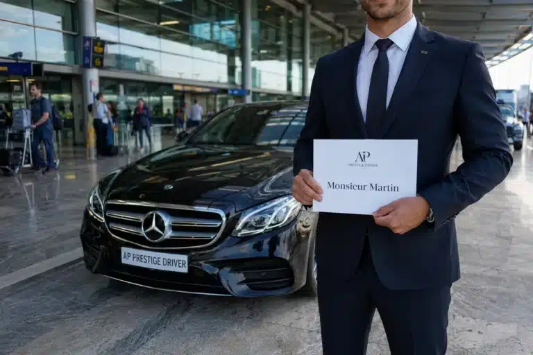 Taxi aéroport Marseille Provence — chauffeur AP Prestige Driver en costume avec pancarte nominative devant Mercedes Classe E