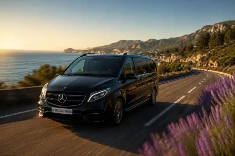 Taxi aéroport Marseille Provence vers le Var — Mercedes Classe V AP Prestige Driver sur route côtière