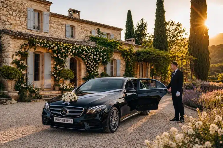AP Prestige Driver, taxi mariage Carqueiranne, Mercedes Classe E décorée devant villa provençale avec chauffeur en gants blancs