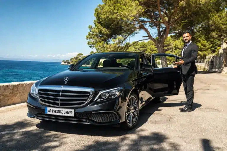 AP Prestige Driver, taxi Carqueiranne, Mercedes Classe E noire avec chauffeur en costume sur la corniche du Var