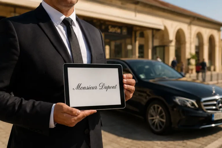 Chauffeur AP Prestige Driver en costume avec pancarte nominative devant une Mercedes — accueil taxi gare de Hyères