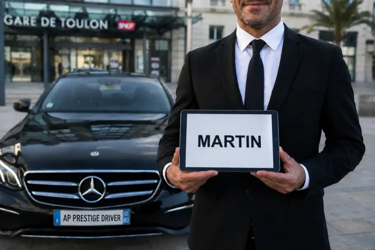 Chauffeur taxi AP Prestige Driver avec panneau nominatif devant la gare de Toulon SNCF