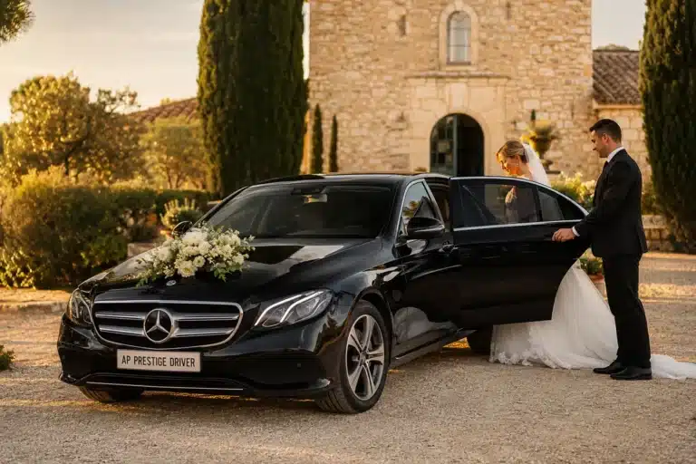 Taxi mariage Hyères — Mercedes Classe E d'AP Prestige Driver devant un mas provençal