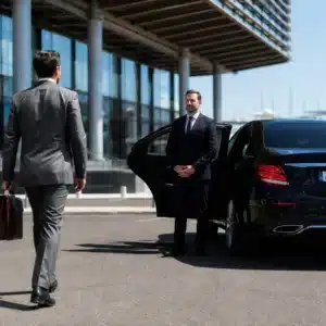 Chauffeur privé VTC dans le Var tenant la portière d'une Mercedes Classe E noire pour un client avec mallette, AP Prestige Driver