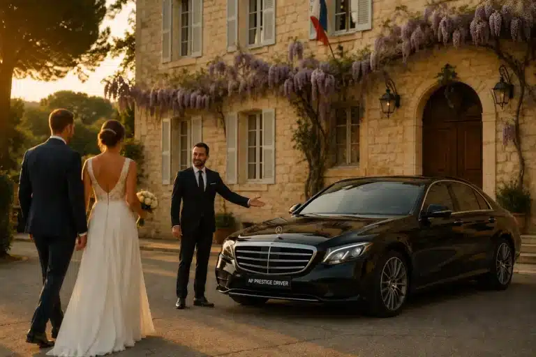 Taxi mariage La Farlède chauffeur Mercedes devant la mairie