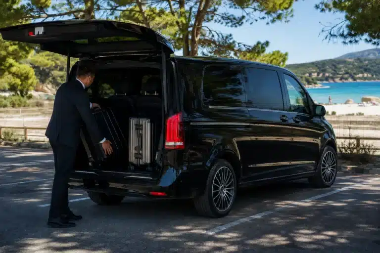 Taxi siège auto La Londe-les-Maures : van Mercedes Classe V et bagages près de la plage, AP Prestige Driver