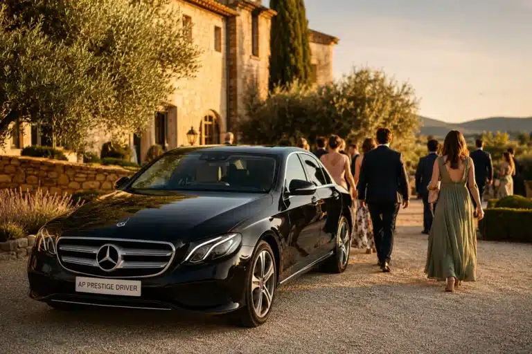 Taxi La Londe-les-Maures mariage : Mercedes Classe E devant un domaine provençal, AP Prestige Driver